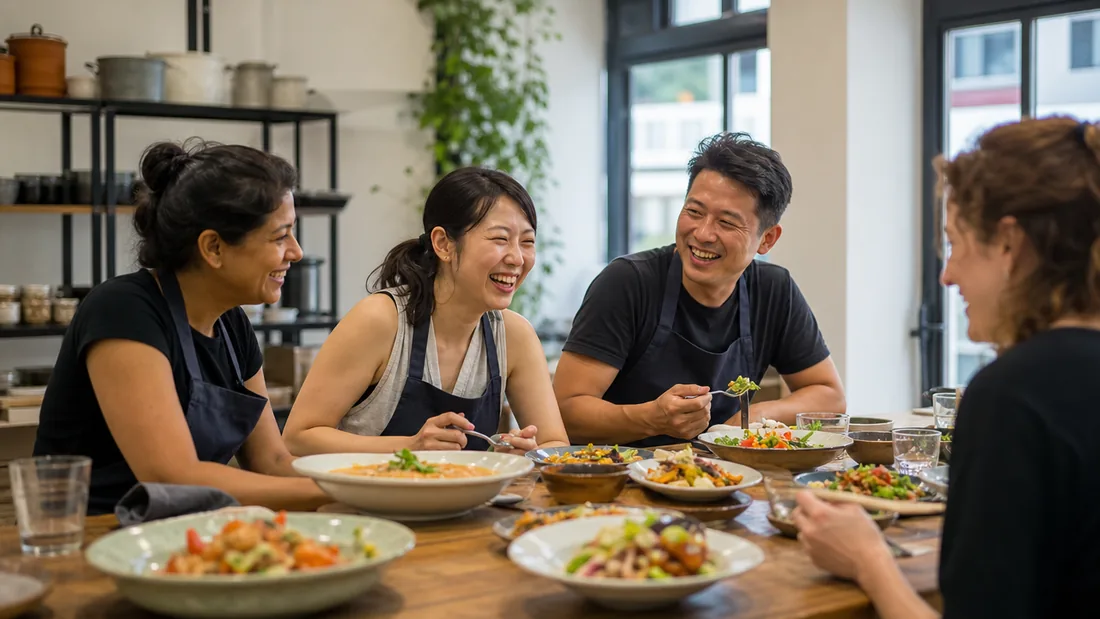 A group sitting down to eat the dishes they cooked together at a Singapore studio