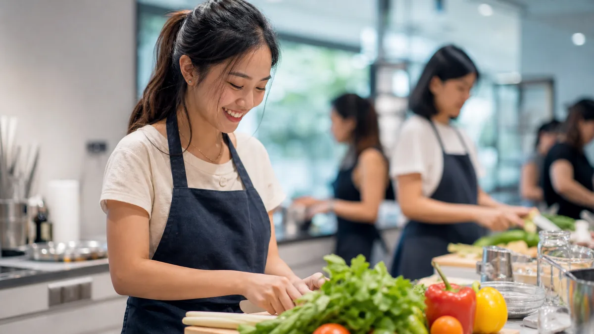 A first-timer smiling at a prep bench during a hands-on cooking class in a bright Singapore studio