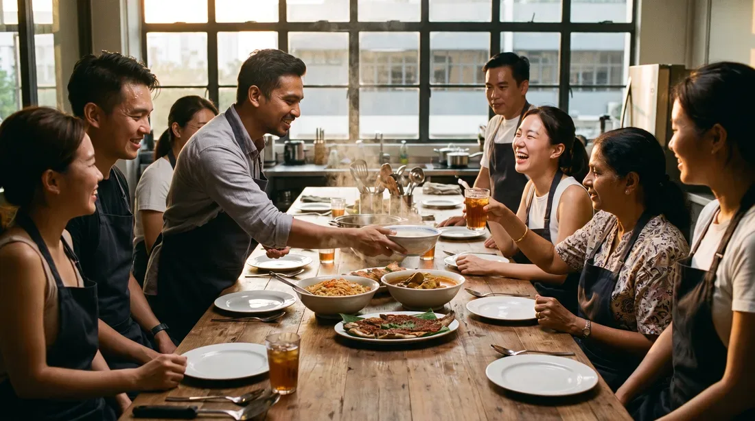 Colleagues seated at a long table sharing dishes they cooked at a year end team party